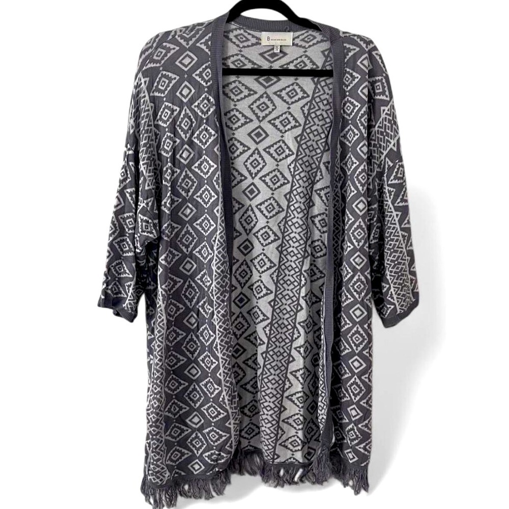 Grey and White Geometric Print Cardiagn with Fringe Details